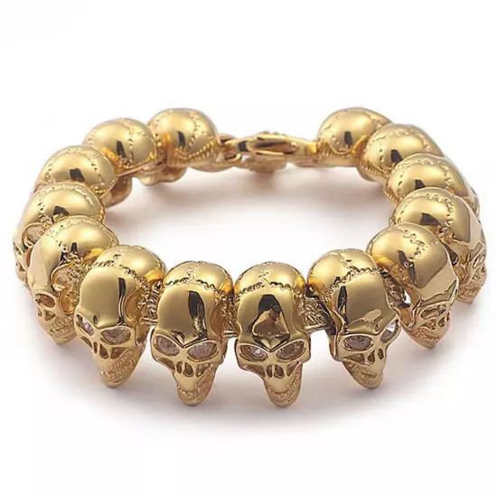 Heavy Men's 18K Gold Stainless Steel Gold Skull Bicycle Chain Bracelet Wristband