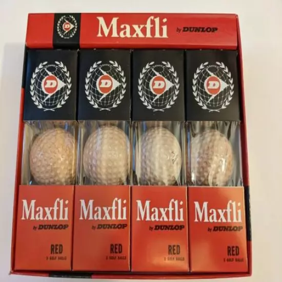 NOS Vintage Dunlop Maxfli Dozen Red Golf Balls Box, 4 Sleeves, New Old Stock