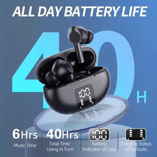 Wireless Earbuds, Bluetooth 5.3, 40H Playtime, LED Display, Microphone