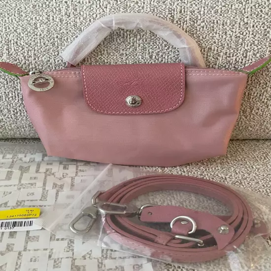 NWT Longchamp Le Pliage Original Handle Pouch PETAL PINK with STRAP