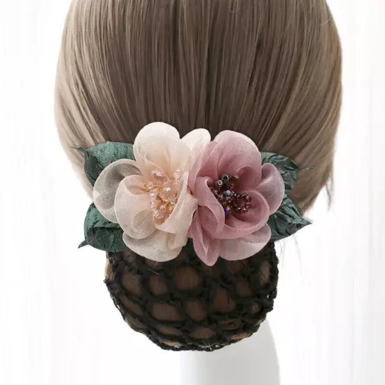 Women Ribbon Bow Hair Net Bun Snood With Bowknot Hair Cover Barrette Hair Clip