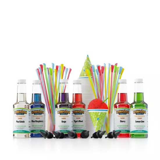 Syrup Assortment with 6 - 16oz Bottles, 50 Snow Cone Cups, Spoon Straws, and ...