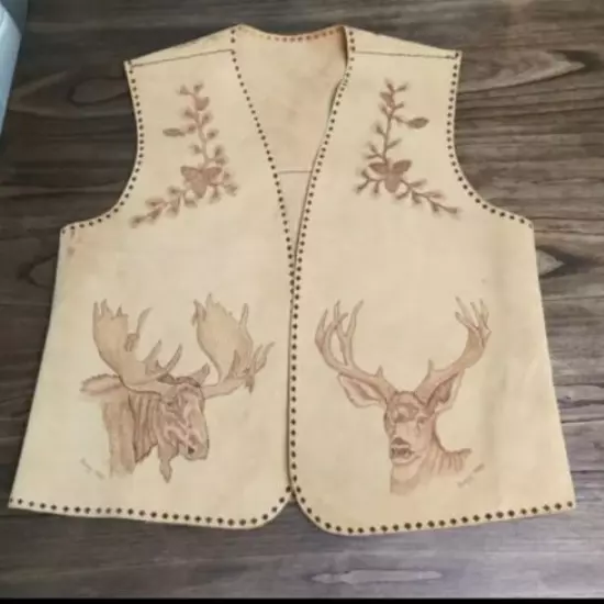 Unisex Handcrafted by Bussy 1988 Brown Suede Cowboy Vest Animal Print Adult Sz M