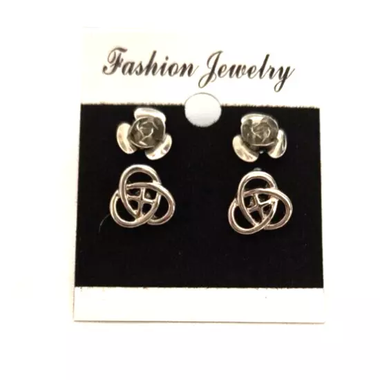 New Fashion Jewelry Women's 2 Pair Stud Earrings Silvertone Roses & Celtic Knots