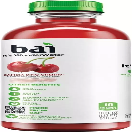 (12 Pack) Bai Flavored Water Zambia Bing Cherry Antioxidant Infused Drinks 18 Oz