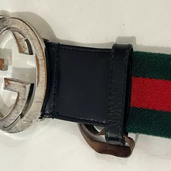 Gucci GG Buckle Belt Nylon Leather 411924 Made in Italy H917N Flaws Please Read