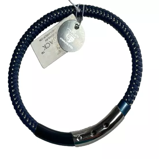 Blackjack Blue Metallic Woven Leather Silver Accent Stainless Steel Men Bracelet