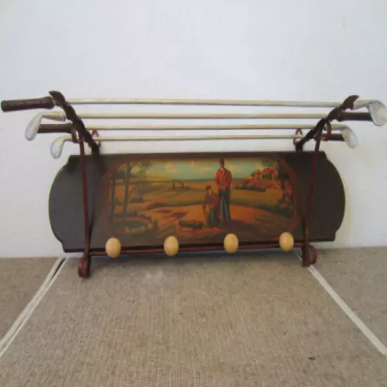 GOLFING MOTIF, WOOD & METAL, HAT & COAT RACK