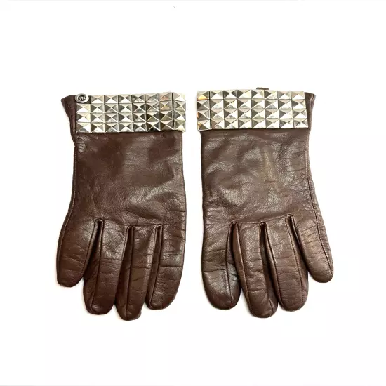 Michael Kors Brown Leather Stud Embellished Gloves Women Size M