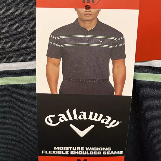 NWT Men's Callaway Opti-Dri Short Sleeve Golf Polo Shirt Black, Striped, Medium