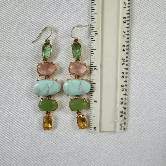 Faux Turquoise and Gem Stone Drop Dangle Gold Tone Earrings Pink Green Amber