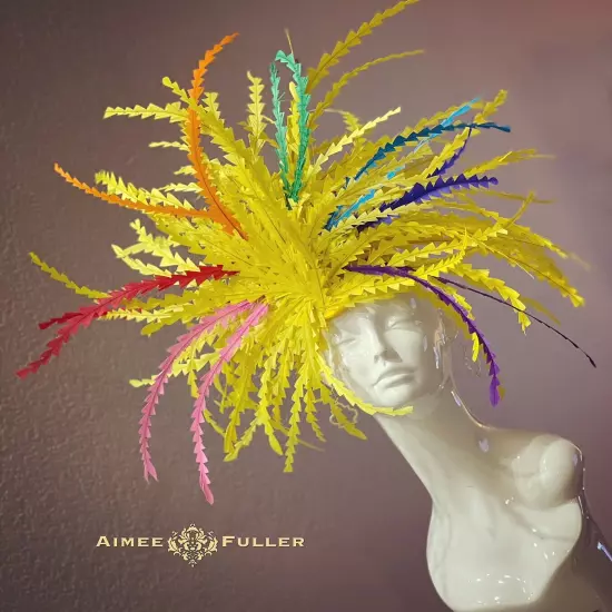 Aimee Fuller Kentucky Derby Fascinator Big Hat Rainbow Yellow Red Royal Ascot