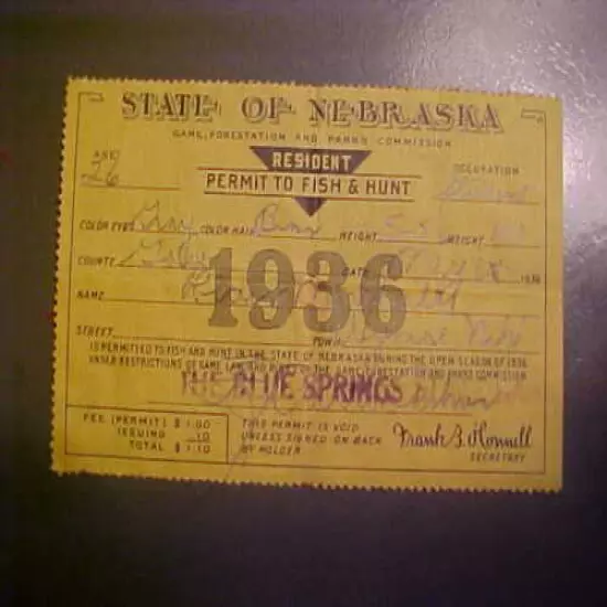 1936 NEBRASKA FISH AND HUNT LICENSE/PERMIT (FISHING & HUNTING)