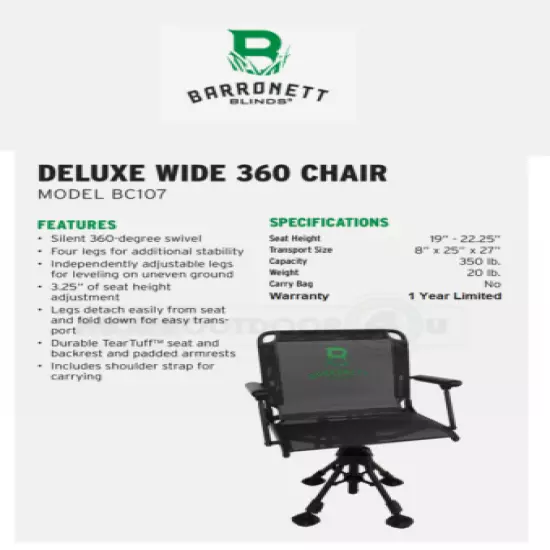 BC107 Barronett Hunting Blind Deluxe Wide 360 Home Office Deck Cave Swivel Chair