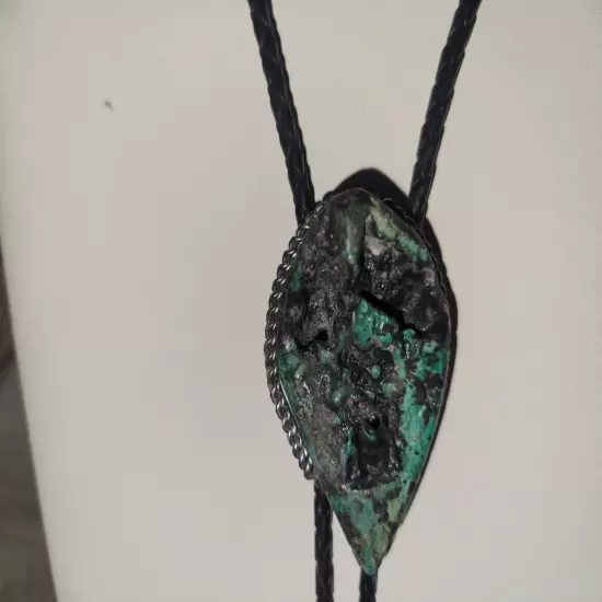  Vintage Natural Malachite and Azurite Ghostface Bolo Tie Silver Tone Tips 1970