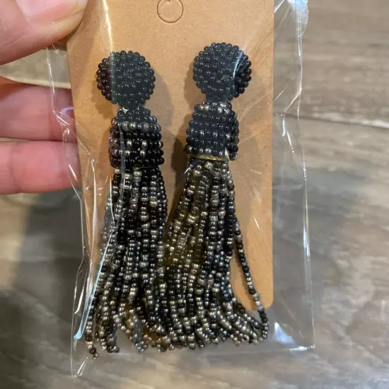 Black Beaded Tassel Earrings NWOT