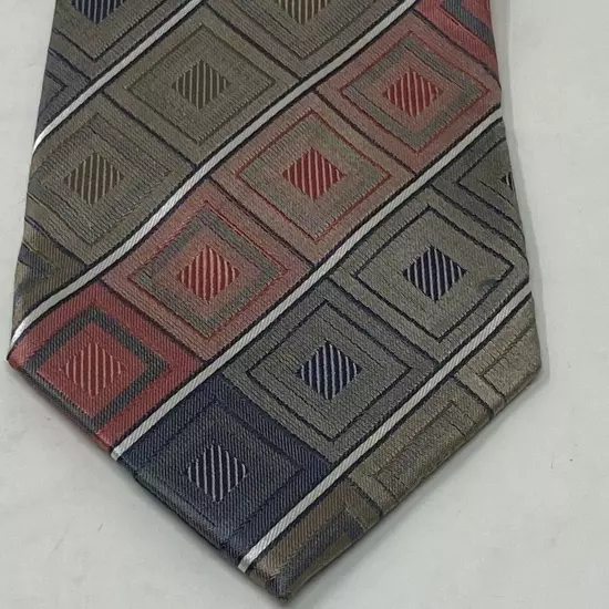 Joseph Abboud Pink Tan & Blue Diamond Print 100% Silk Tie