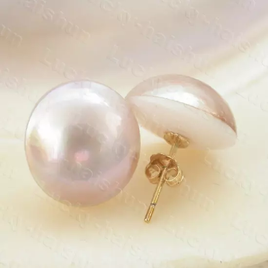 AAA natural 14mm real purple champagne South Sea Mabe Pearls Earrings 14K Stud