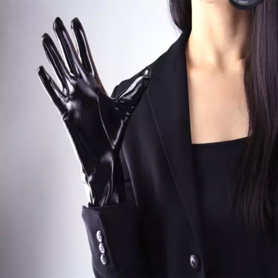 LATEX GLOVES Shine Leather Faux Patent Vegan PU 8" 21cm Short Basic Shine Black