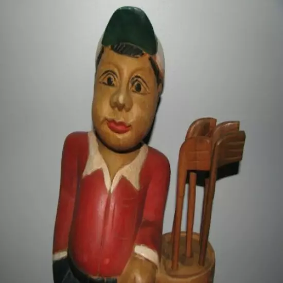 20" VINTAGE CARVED solid WOOD PAINTED GOLFER WITH GOLF BAG CLUBS FIGURINE