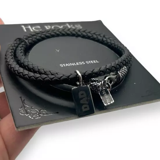 NWT He Rocks Men's Stainless Steel Dad Leather Wrap Bracelet in Black NEW