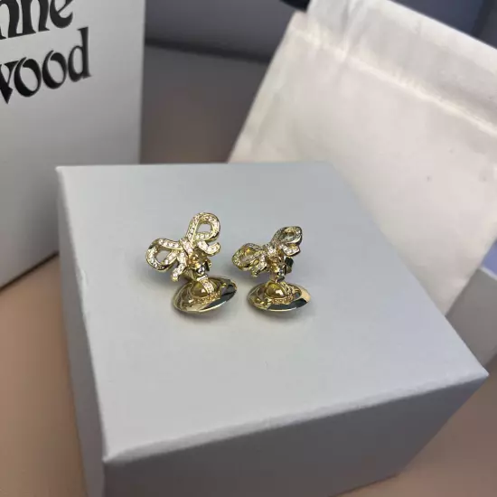 Vivienne Westwood Crystal Golden Tone 3D Orb Butterfly Saturn Earrings with Box