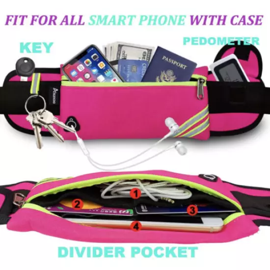 Waterproof Hot Pink Reflective Zip Waist Bag Running Belt Pouch Fanny Pack