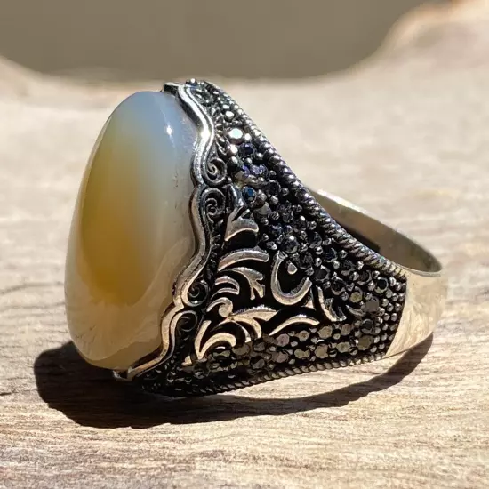 925 Sterling Silver men ring natural strong energy agate aqeeq akik silver ring