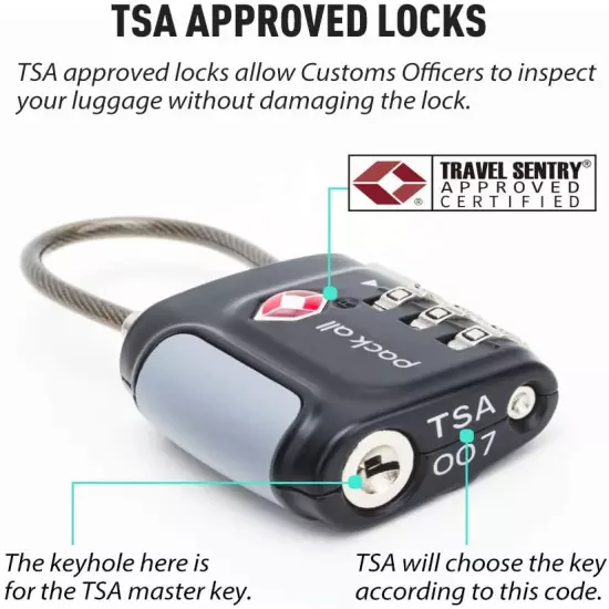 TSA Approved Cable Luggage Locks, 3 Digit Combination Padlocks, Travel Lock for