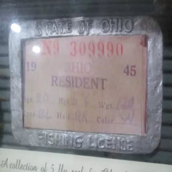 1945 Ohio fishing license framed trout fishing fly reels shadow box wall hanging