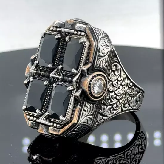 925 Men Silver Large Square Black Onyx Ring Handmade Men Sterling Silver Ring