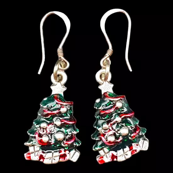 Enamel Christmas Tree Drop Earrings - Small Red Green Silver Tone Holiday Dangle