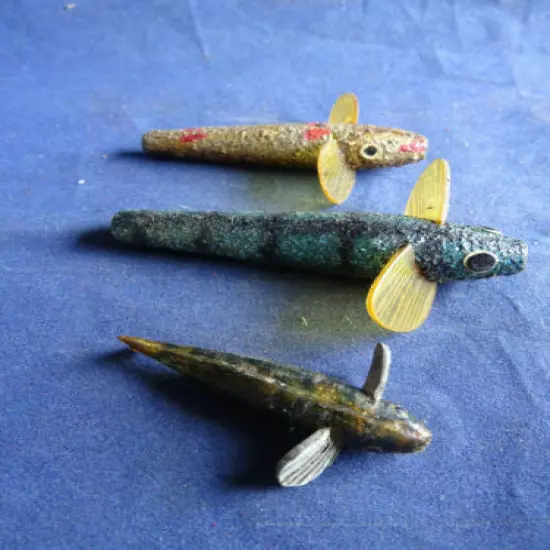 3 UNNAMED PERCY WADHAM FISHING LURES,LAND-EM MINNOW AND SPANGALOID DEVONS