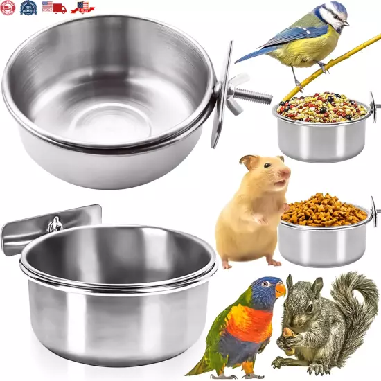 2 Pack Stainless Steel Bird Feeding Dish Cups Bird Feeder with Clamp for Cage