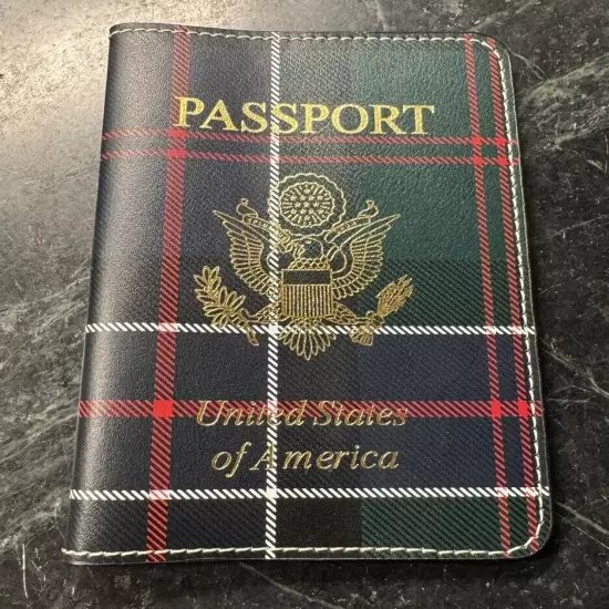 Baekgaard Genuine Leather Passport Cover Holder Green Blue Plaid Gold Letters