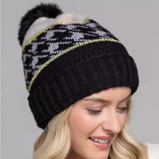 Houndstooth Beanie Hat with Pom Pom Black Gold Ski Outdoors Winter Accessories