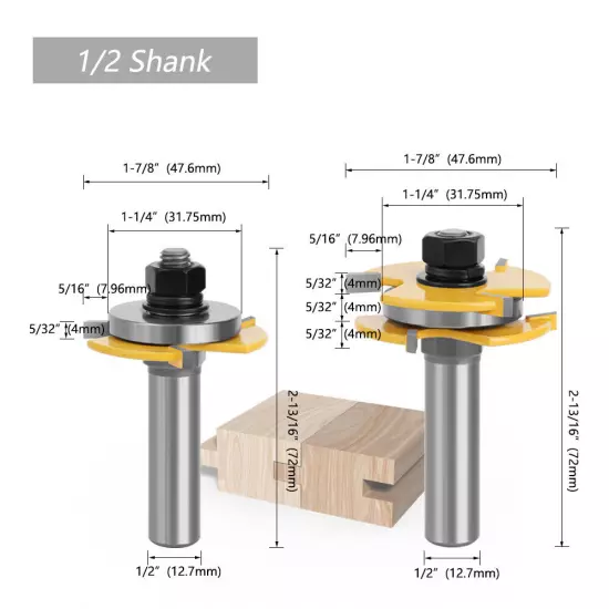 1/2 12mm Shank Joint Router Bits Set Tongue & Groove 3Flute Tenon Cutter 5/32"