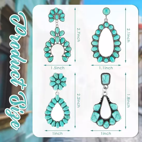 Turquoise Oval Earring 4 Pairs Turquoise Bohemian Dangle Metal Earrings Western 