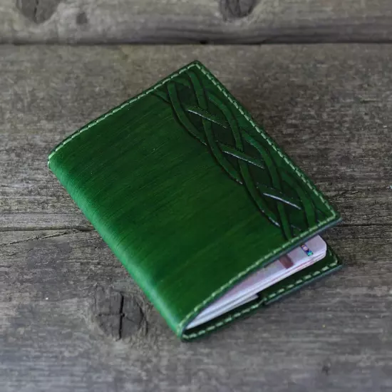 Leather passport cover with Celtic knot, Viking accessories, green id holder.