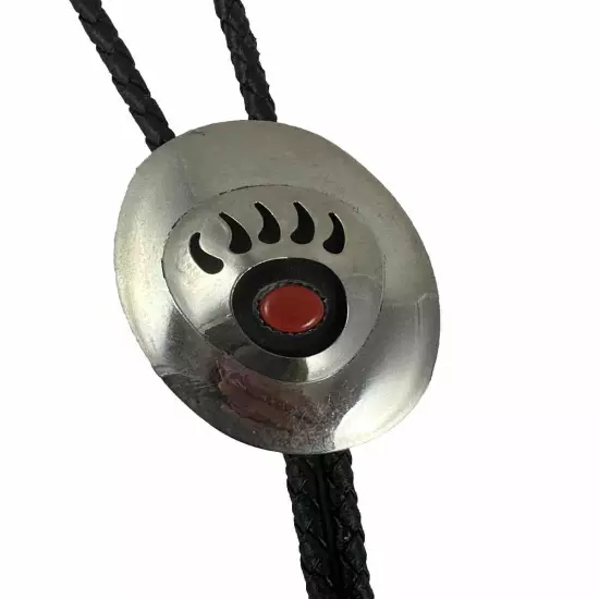 Vtg Bear Paw Bolo Tie Black Cord Silvertone Red Stone