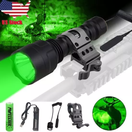 10000LM Green LED Flashlight Predator Hunting Light Weapon Gun Barrel Mount Hog