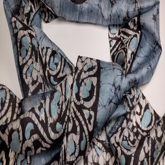 Pure Silk Scarf Blue Paisley Boho Vintage 70s INDIA Long Scarf BABY BLUE RICH