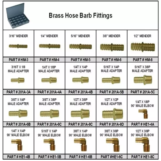 Brass Hose Barb Pipe Fitting Assortment In Small Metal Locking Durham Tray*