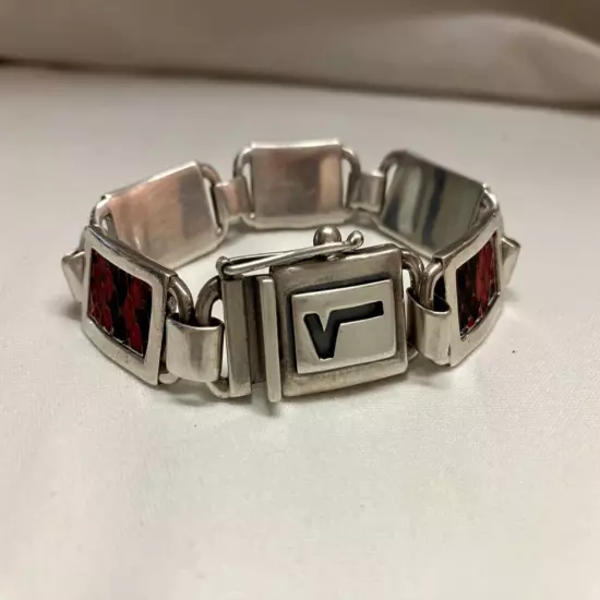 Vintage Versani Sterling Silver Link Men’s Bracelet With Red Snake Skin Inlay