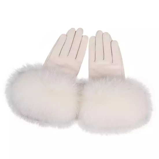 Women Genuine Lambskin Leather Gloves With Real Fox Fur Trim Cuff Winter Warm