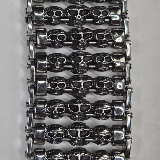 Men Silver Stainless Steel Bracelet Skull Chain Link Biker Goth 8.5"L x 1.25"W