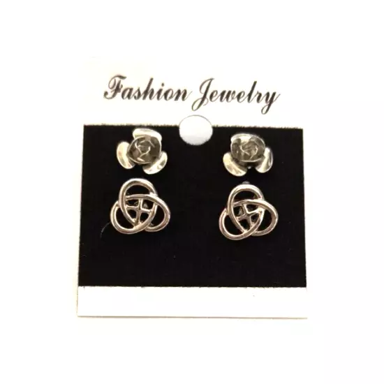 New Fashion Jewelry Women's 2 Pair Stud Earrings Silvertone Roses & Celtic Knots