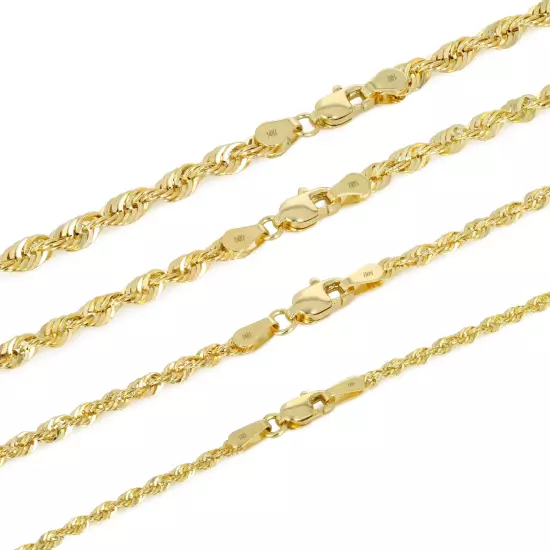 14K Yellow Gold 1mm-4mm Laser Diamond Cut Rope Chain Necklace Men Women 16"- 30"