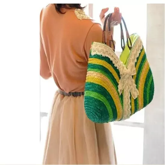 Bags Women Straw Bag Handmade Woven Basket Lace Tote Handle Lady Handbags