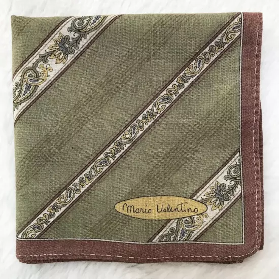 Vintage Handkerchief Green Cotton Diagonal Striped Paisley Pattern Pocket Square